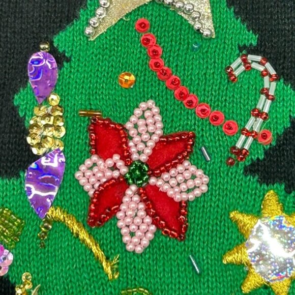 Star Blue Originals Black Knit Christmas Tree Sweater w/ Beads & Sequins Size XL - Picture 6 of 8